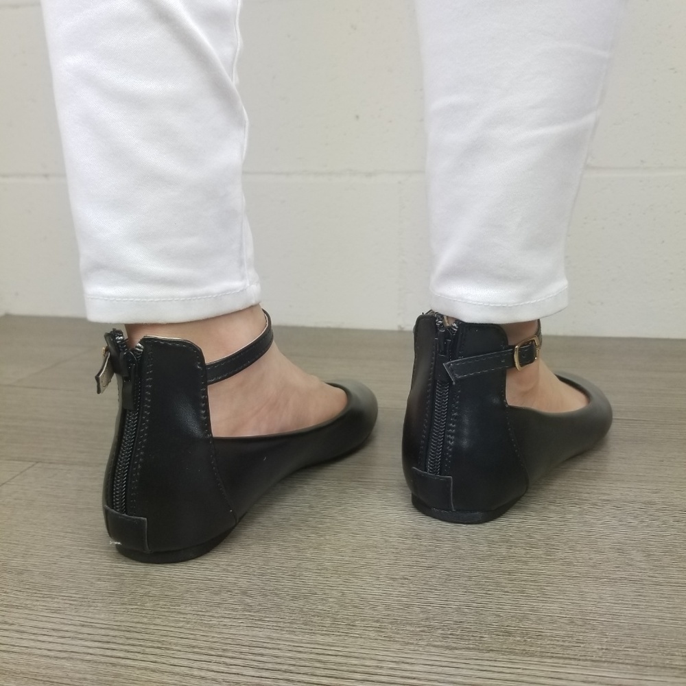 Round Toe Black Ankle Ballerina Flats - Picture 5 of 8